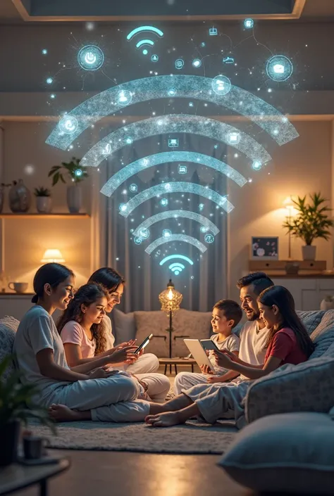 Image: A house covered by a strong WiFi network, family members happily using different connected devices in various locations t...