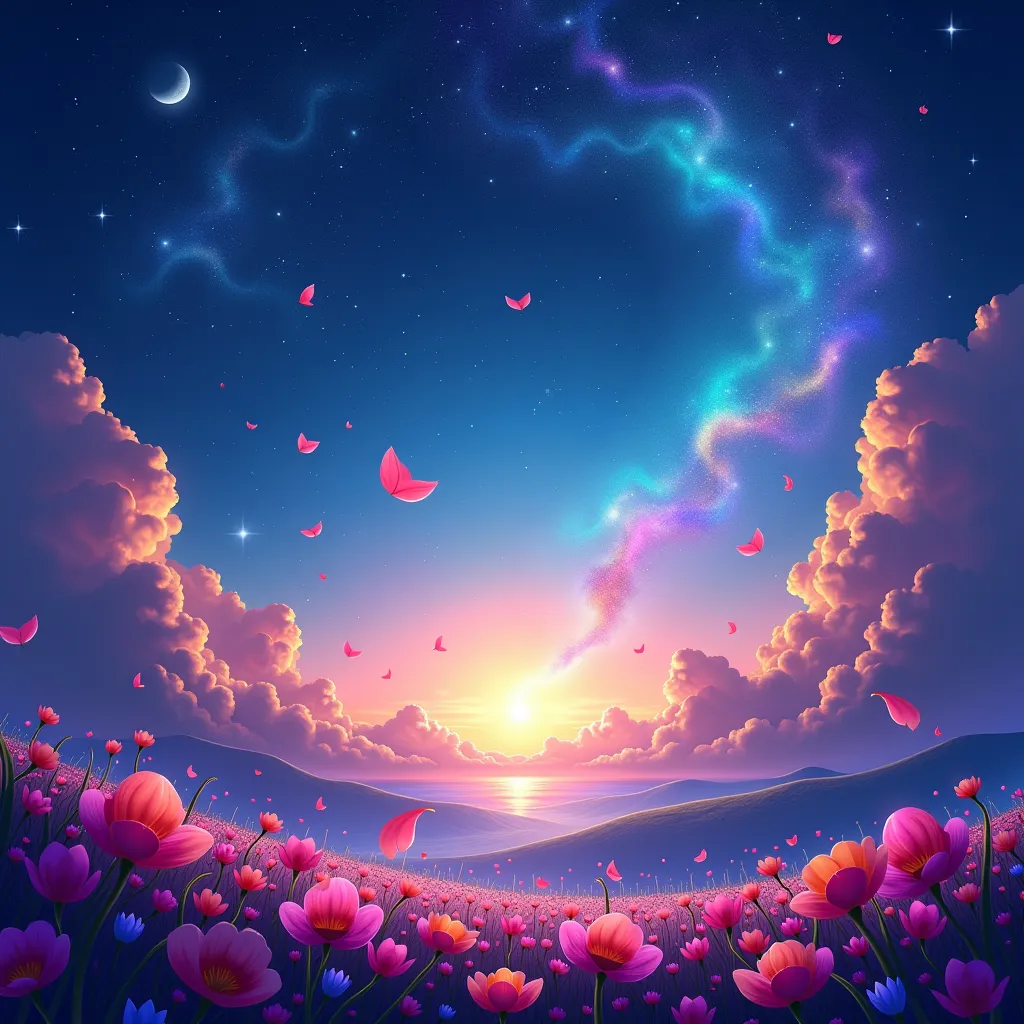 虹色のグラデーションでShine空、moon、 Shine、 colorful petals dance、Petals are jewels、stardust