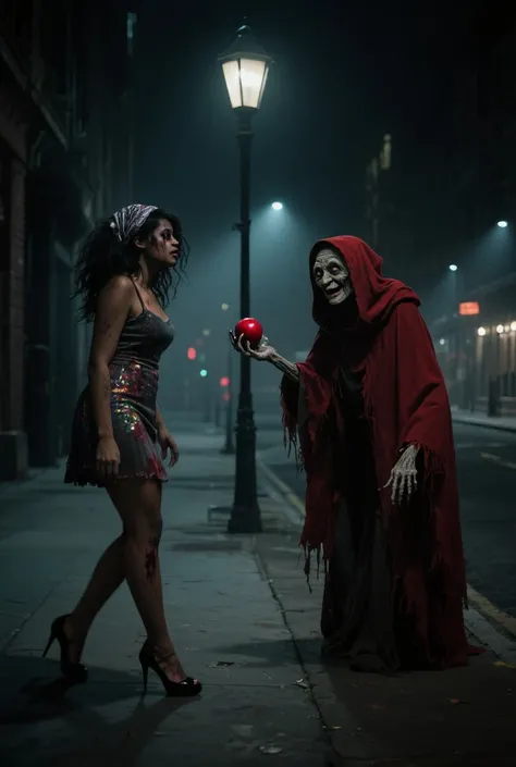 A drunk young woman black, fat, head scarf, around 25 years old, walking alone on a dark, empty city street at 3 AM. She has me...