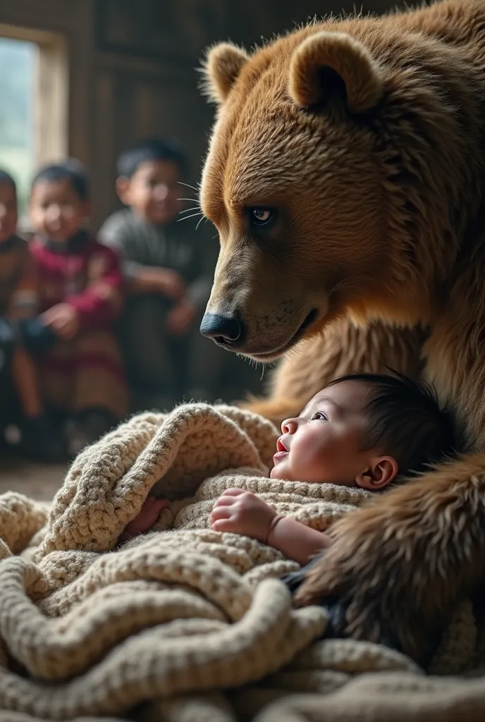 Later, in a mountain shelter, the bear sits calmly near the baby, who is now wrapped in a warmer, clean blanket. The baby is awa...