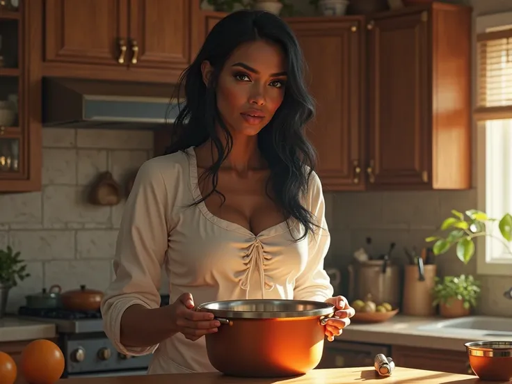 Picture of a woman in the kitchen with real black hair holding a cooking pot