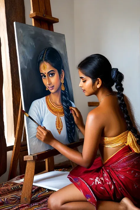 Visual artist painting the portrait of a young woman wearing traditional Sri Lankan clothes in a sensual pose