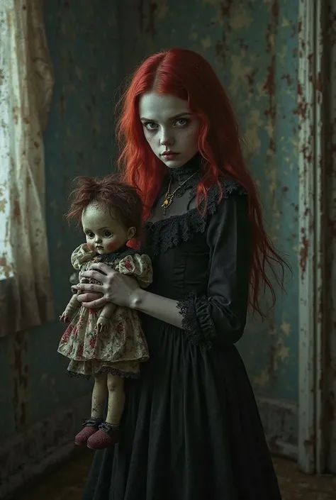 evil young gothic girl with red hair holding a old dirty broken doll with dirty clothes in a dark room 