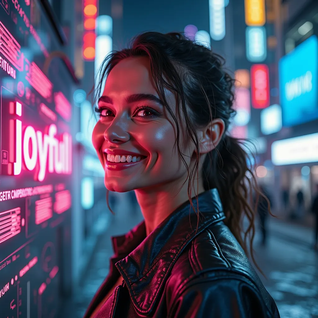 ana de armas with a smile and in cyberpunk style, an inscription in beautiful letters in the center of the picture "JOYFULL"
