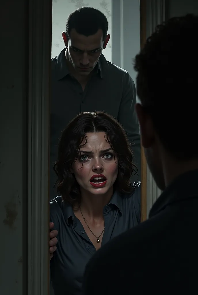 Frightened woman there is a male figure behind