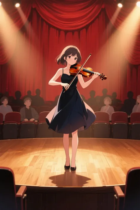 A young girl, clearly in her age years or early twenties, stands gracefully at the center of the stage.
Her face is clearly vis...