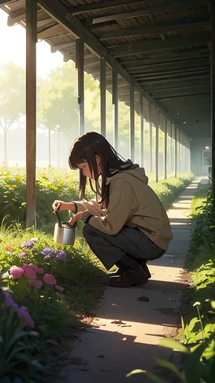 A young gardener kneels in a quiet field at dawn, planting a small glowing seed into the earth. Around them, trees and plants ha...