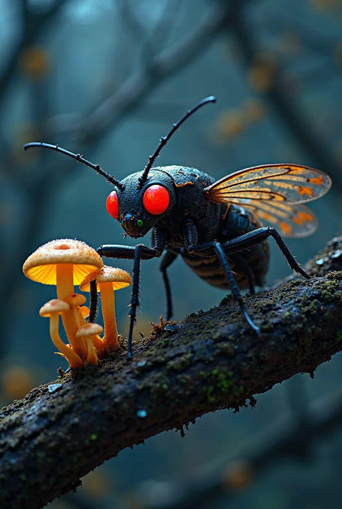 un être vivant extraterrestre ressemblant a un insecte avec huit pattes , il a les yeux rouge brillant sur un branche d'arbre la...