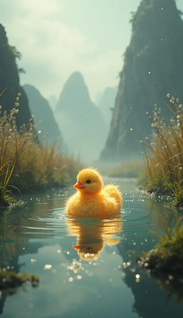 A magical golden chick swimming in a serene lagoon surrounded by tall grass and misty mountains, fantasy style, glowing feathers