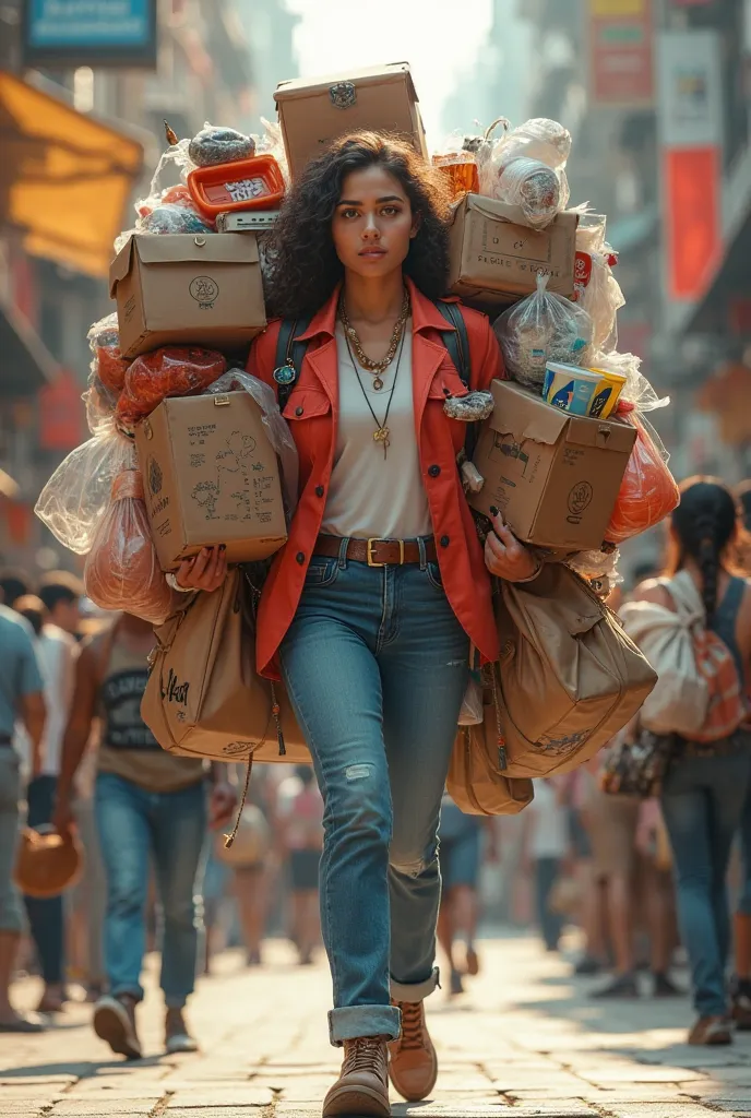 girl who has a lot of thing to hang in her hands