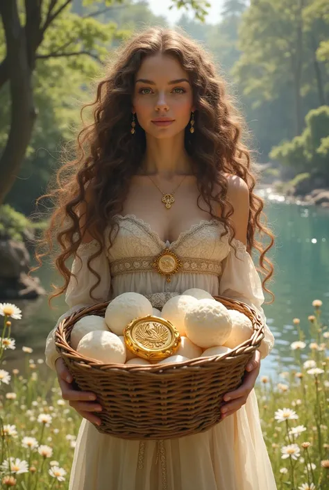 I want this princess to have beautiful curly hair and for her to carry a basket of castes and one of the castes to show the gold...