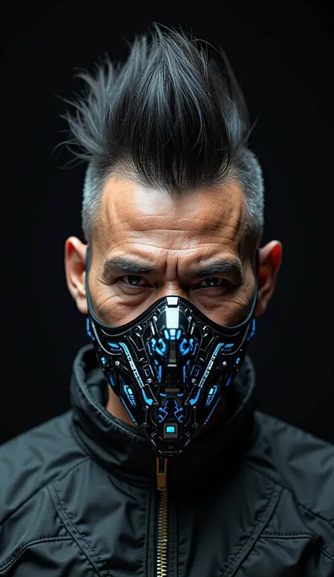 Ultra-detailed face portrait in featuring a 60 years old malay man with a high,swept-back spiky mohawk fade haircut, sides clean...