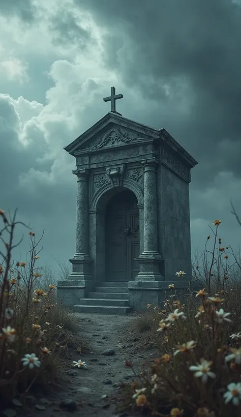 A sealed stone tomb under a stormy sky, with no light escaping, surrounded by withered flowers and silence. 4K, cool tones, dram...
