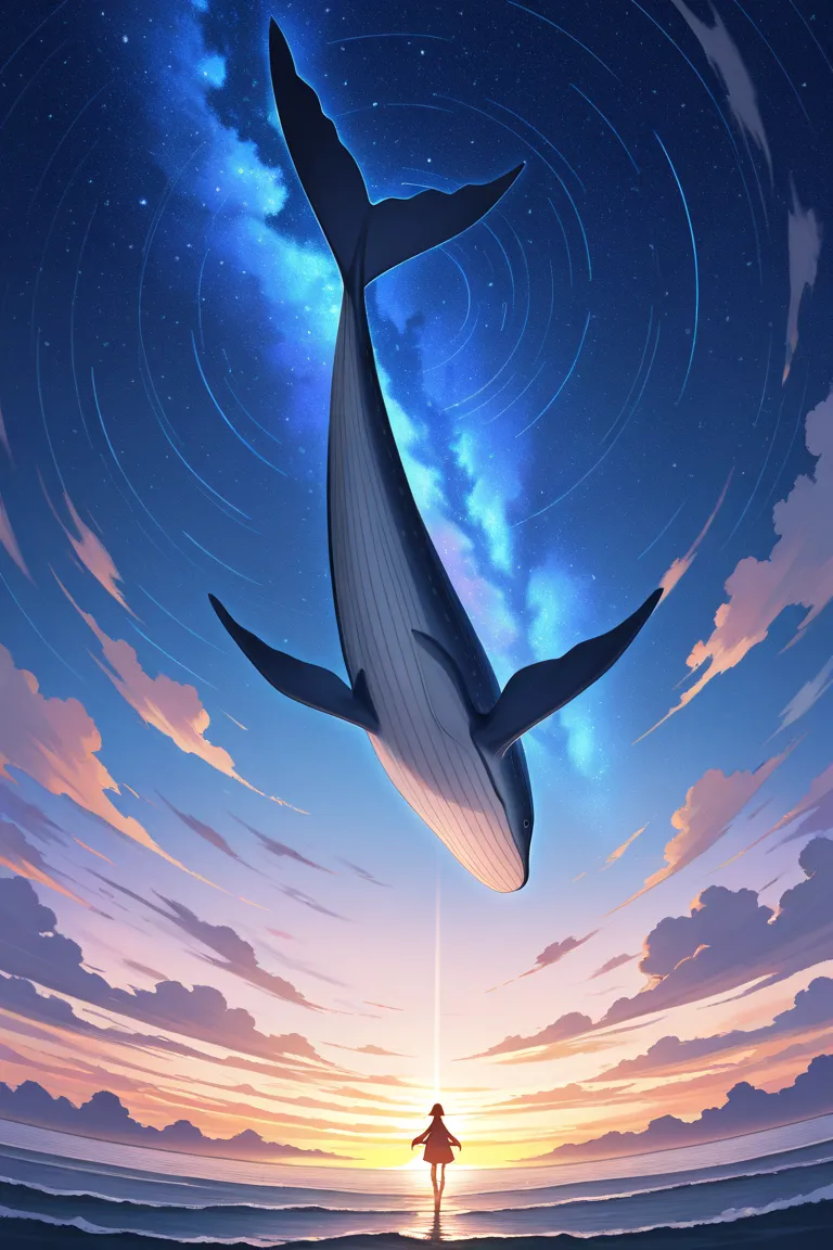 big sky and flying blue whale、flying through the sky