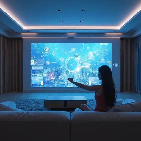 Realistic real large VR touch panel for the whole room futuristic touch panel on a large screen in a futuristic room swiping Pi...