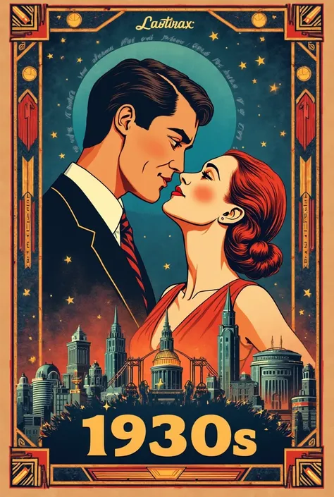 Create a vector advertising poster with 30s look, about the 1930s with images of the most notable things from the decade.