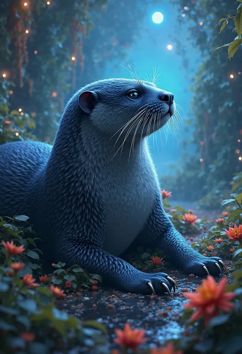 A black charcoal otter with navy blue eyes that gives off a bright aura, It has sharp claws , is very large in size, is lying w...
