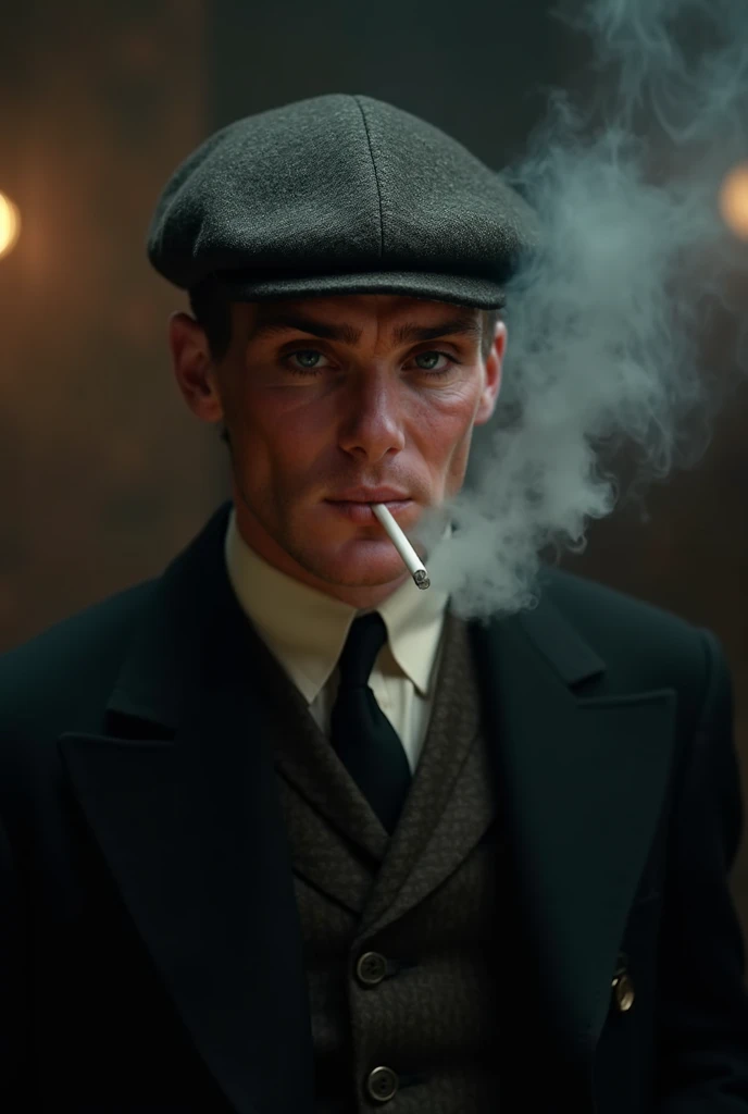 "Cillian Murphy exhaling smoke from a cigarette, wearing a classic 1920s three-piece suit with a wool flat cap, smoke curling a...