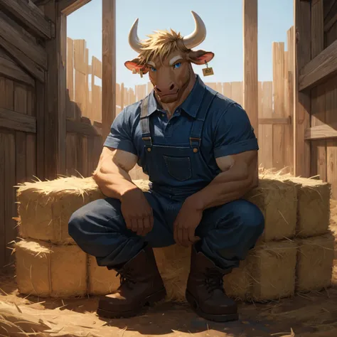 handsome male, cow, two pointy horns, cattle ear tag, heavy muscular build, light brown short messy fringe, ((best quality)), ((...