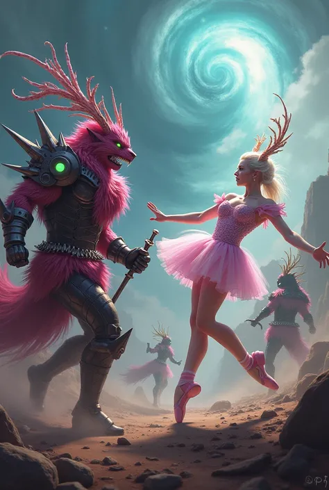 A dramatic fantasy battle scene between the fierce Trappy-Tropy warriors and the elegant but powerful Ballerino-Golibiro fighter...