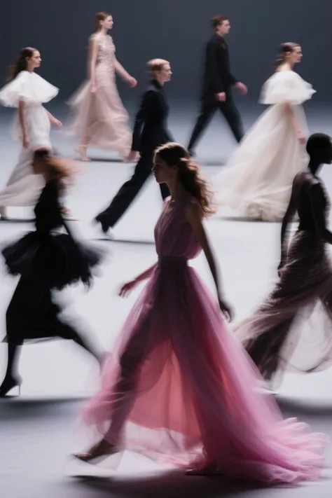 Haute couture portraits, People on the move, Blurred lines from the movement of clothes, Color light filters create expressive s...
