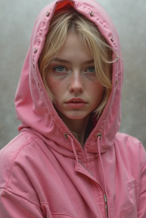 Woman with short blonde hair and pink hood masturbates