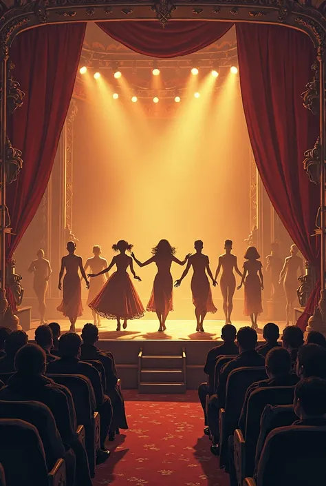 A picture of a theater with people acting and dancing without features