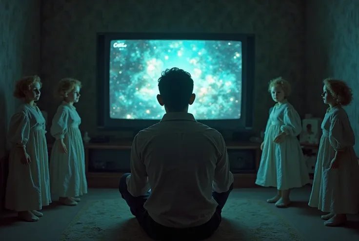 man, watching cartoons on television with porcelain dolls in a dark room