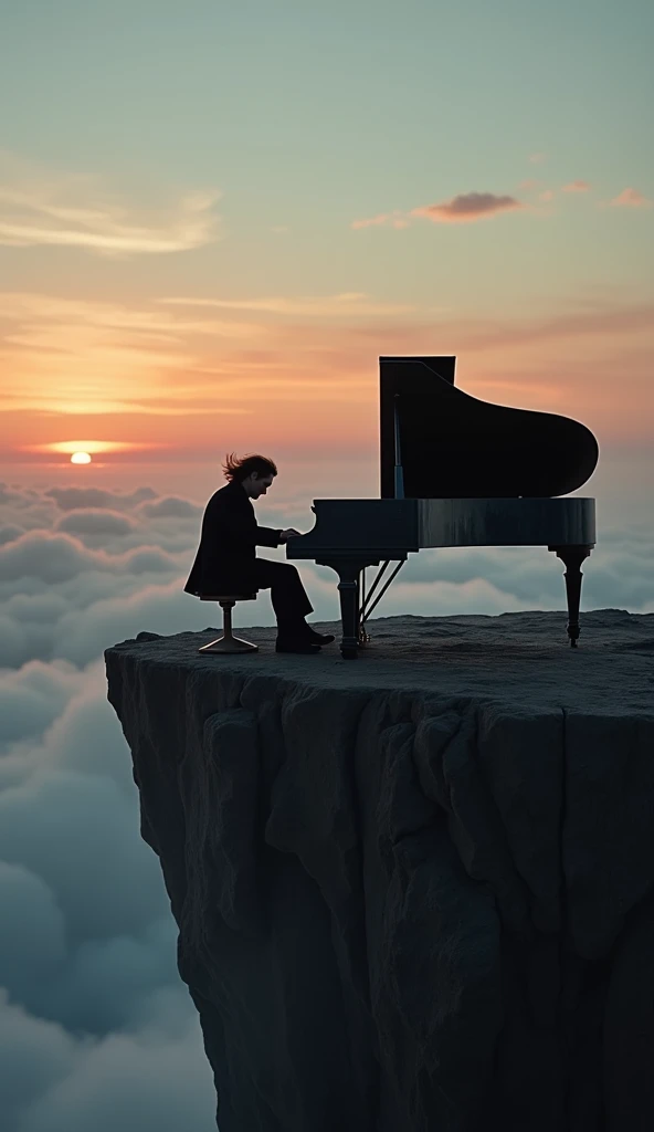 A lone man in a black suit plays a weathered grand piano on the edge of a floating cliff, above an endless sea of clouds at twil...