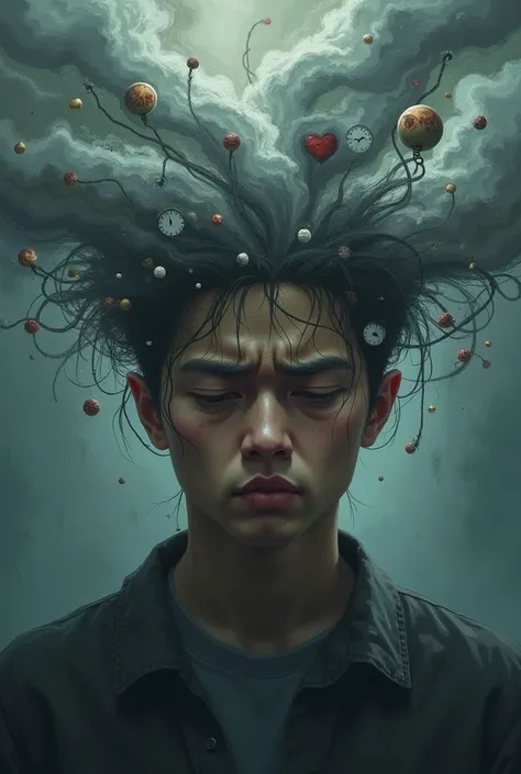 a person surrounded by icons representing sadness or anxiety