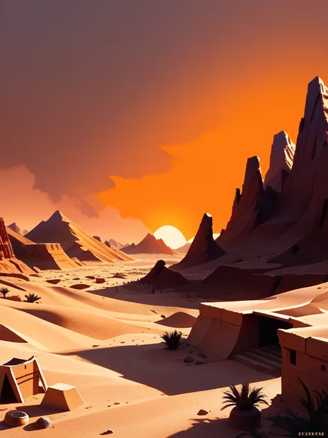 desert, village, background mountains, sunset