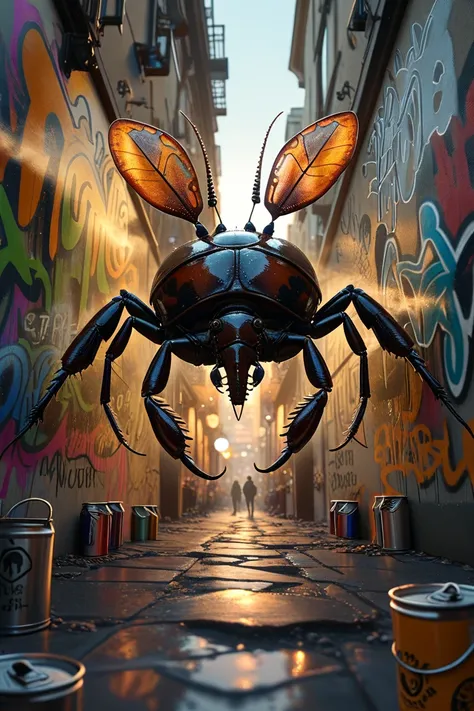 araffe with a paint can and a graffiti covered wall, john lennon as a stag beetle, stag beetle, rhino beetle, street art:2 highl...