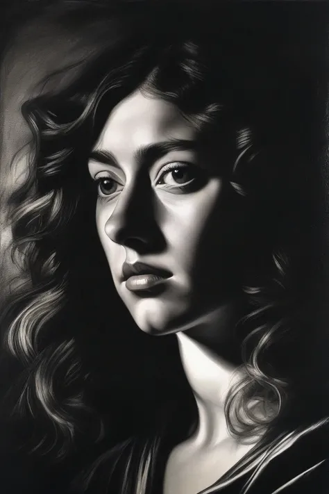 a portrait in the style of Caravaggio in the chiaroscuro technique with strong contrast between light and shadow