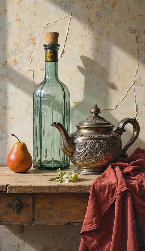 "A sophisticated still life collage featuring a clear glass bottle with subtle reflections, a polished metal teapot with intrica...