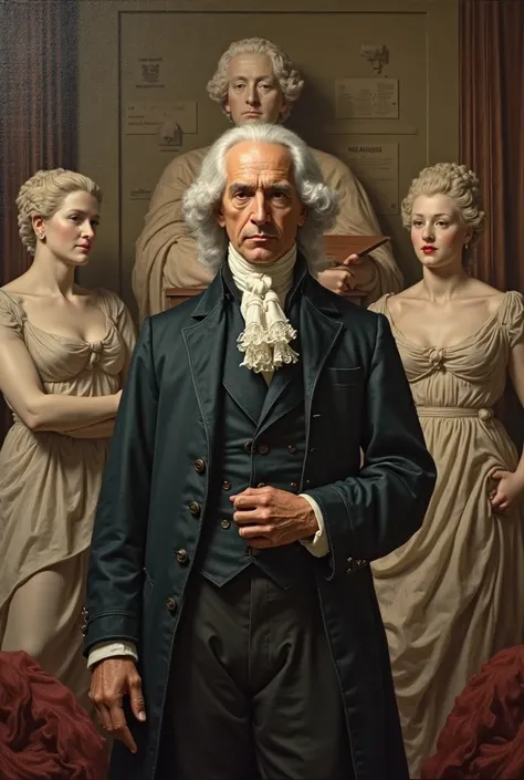 Montesquieu with 3 statues behind a legislative document, a judicial one and an executive one