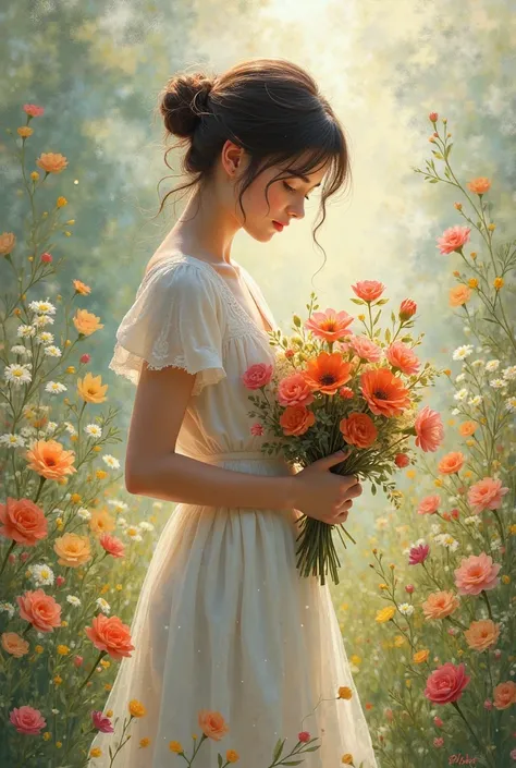 girl with 1.30 tall making a bouquet