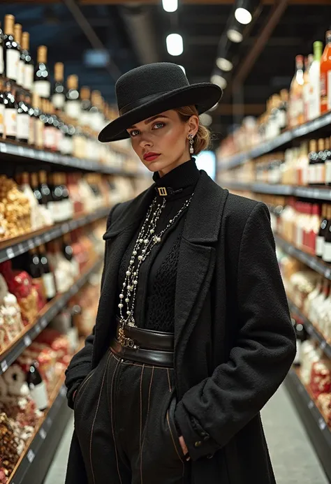 A high-fashion editorial photoshoot set in a luxury supermarket, blending playful extravagance with haute couture sophistication...