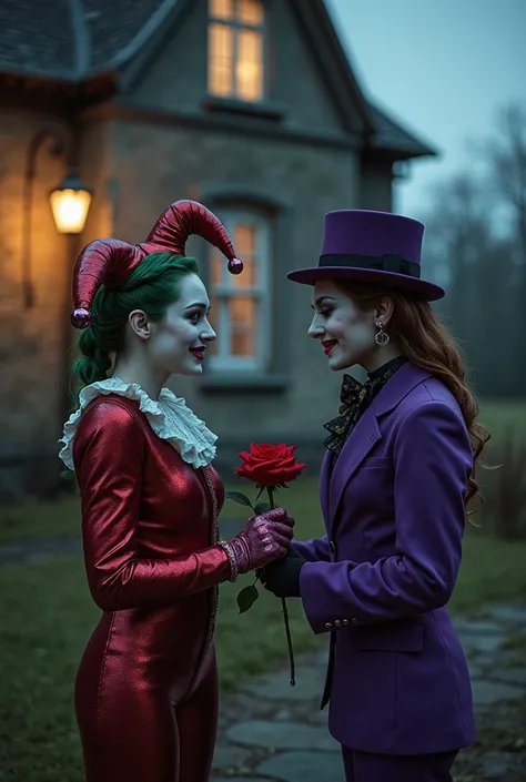 .Harlequin delivers a red rose to the Joker with an affectionate smile, while the two are standing in front of an old and dark h...