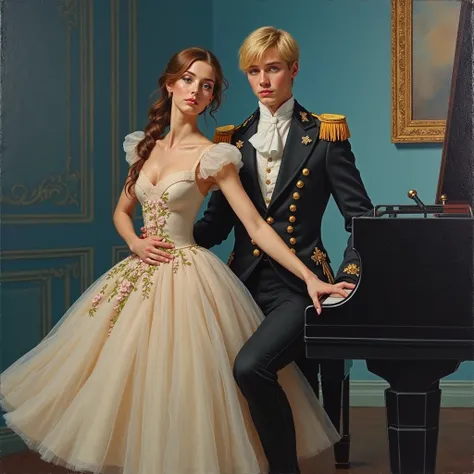 oil painting , He is Russian , porcelain skin. A woman with brown hair and brown eyes, she wears a cream dress with flowers with...