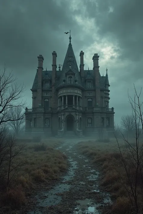 An abandoned, spooky mansion standing alone in a desolate, barren landscape outside a village, with dark skies.