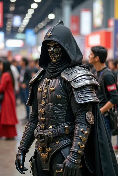 A vibrant and colorful scene from a manga convention, with several cosplayers dressed in elaborate and detailed costumes, recre...