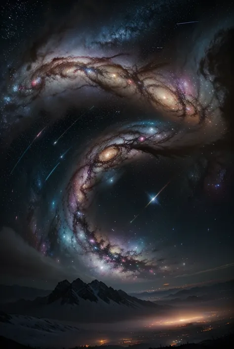 Cosmic universe with vibrant swirling nebulae in hues of deep purple, electric blue, and glowing pink. Countless sparkling stars...