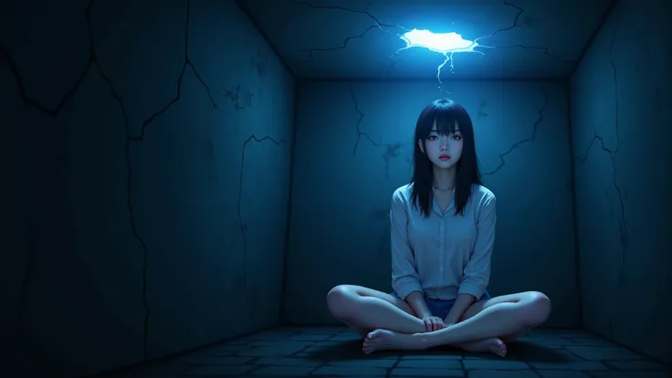 semi-realistic anime style, emotional and cinematic a woman sitting cross-legged in her cell, smiling at a crack in the ceiling,...