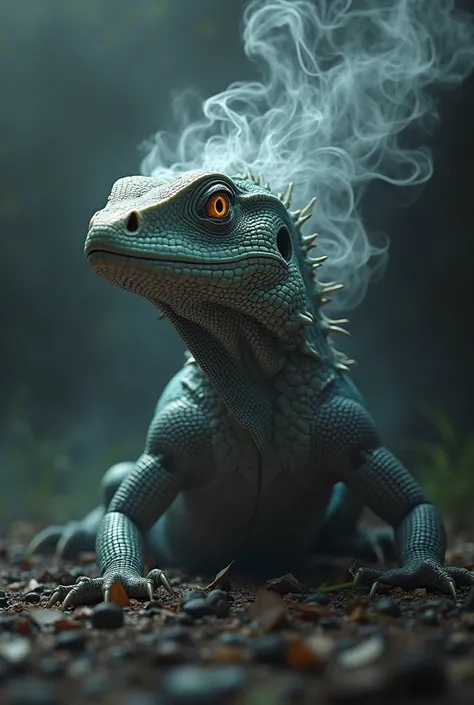 Realistically lifelike lizard, emits hot body smoke against dark background