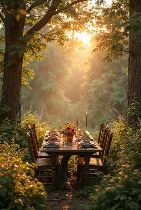 Forest dining setup at golden hour with a rustic wooden table, soft golden light through trees, wildflowers and candles on the t...