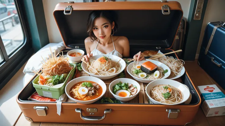 A hidden compartment in a suitcase filled with instant noodles and snacks.