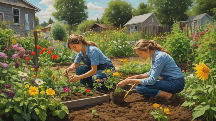 A woman planting seeds in a man's heart as they work together in a small community garden, flowers blooming instantly, abstract ...