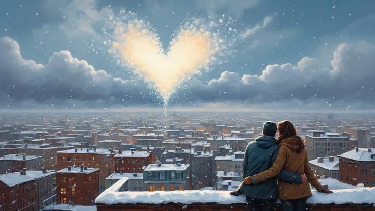 A couple watching snow fall from a city rooftop, their breath making heart-shaped clouds, abstract 2D, oil painting style.