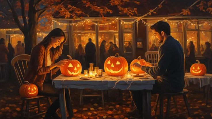 A couple decorating pumpkins at a fall festival, candlelight glowing from inside, abstract 2D, oil painting style.