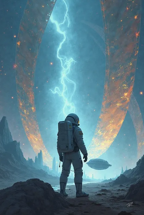 Draw a picture in the style of empty sails, standing Asol in a spacesuit , but without a harness with splitting hairs, all in a ...